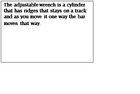 Text Box: The adjustable wrench is a cylinder that has ridges that stays on a track and as you move it one way the bar moves that way.