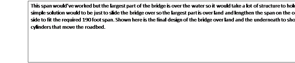 Text Box: This span wouldve worked but the largest part of the bridge is over the water so it would take a lot of structure to hold it up. A simple solution would to be just to slide the bridge over so the largest part is over land and lengthen the span on the opposite side to fit the required 190 foot span. Shown here is the final design of the bridge over land and the underneath to show the cylinders that move the roadbed.