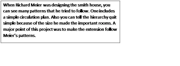 Text Box: When Richard Meier was designing the smith house, you can see many patterns that he tried to follow. One includes a simple circulation plan. Also you can tell the hierarchy quit simple because of the size he made the important rooms. A major point of this project was to make the extension follow Meiers patterns. 