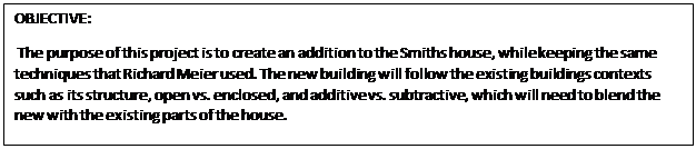 Text Box: OBJECTIVE:
 The purpose of this project is to create an addition to the Smiths house, while keeping the same techniques that Richard Meier used. The new building will follow the existing buildings contexts such as its structure, open vs. enclosed, and additive vs. subtractive, which will need to blend the new with the existing parts of the house.
